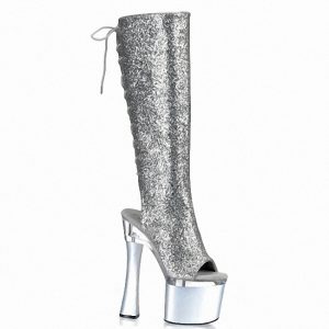 18CM Coarse heel Women Glitter Club Pole Dance Shoes Sexy Black Stripper Platform Knee High Boots B-005