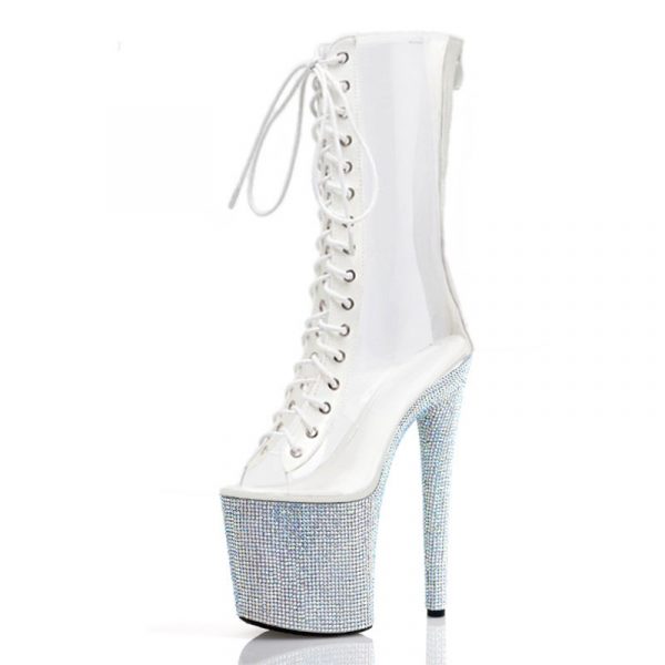 8 inch Clear Nightclub Platform Rhinestones Ankle Boots Strappy 20cm Woman Stripper Crystal Shoes pole dance High Heels C-206