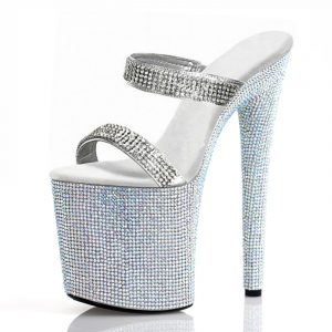 8 inch Women Rhinestones Gothic Sandals Stripper Big Size Silver Platform High heels Crystal Novelty Slippers E-291