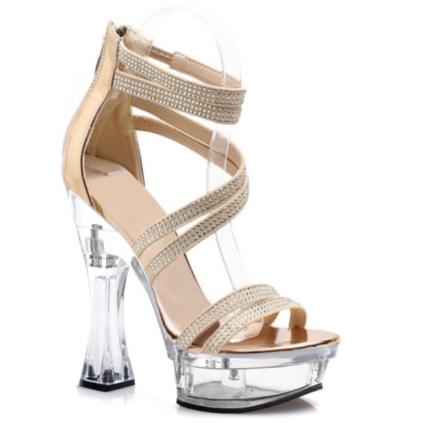 14cm Stripper Ankle Strap with Rhinestones Sandals Flowers Platform Coarse heel Crystal High heels 6 inch Elegant  Exotic Dance Shoes Q-139
