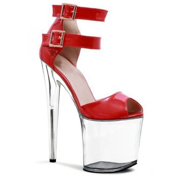 8 inch Women Red Buckle Gothic Sandals Stripper Open Toe Clear Platform High heels Ankle Strap Patent Leather Pole Dance Shoes Q-144