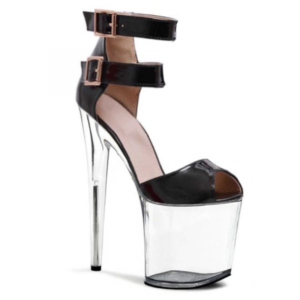 8 inch Women Red Buckle Gothic Sandals Stripper Open Toe Clear Platform High heels Ankle Strap Patent Leather Pole Dance Shoes Q-144