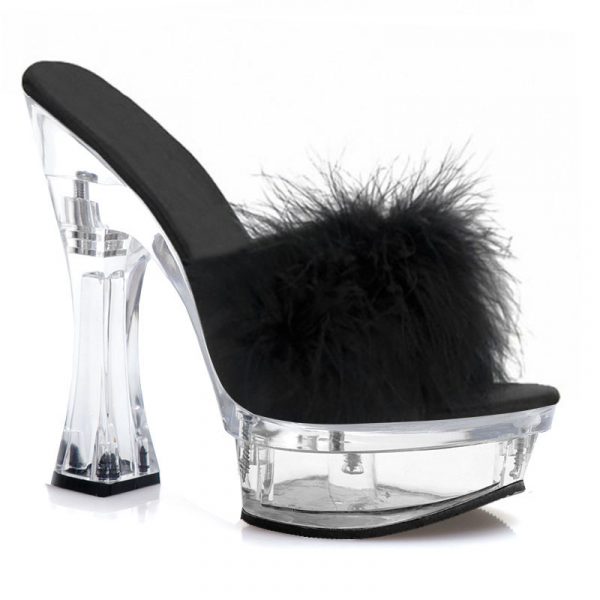 14cm Stripper Sandals Platform Coarse heel Crystal High heels 6 inch Elegant Exotic Woman Fashion Feather Slipper Q-186