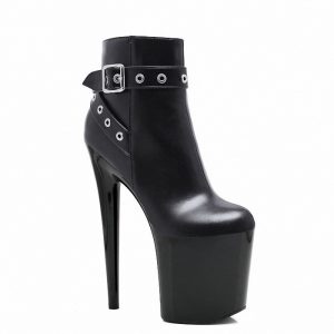 8 inch Roman Metal Belt Buckle Shoes Black Nightclub High Heels Platform Ankle Boots Q-127