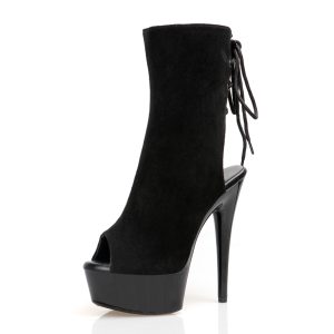 15cm Ankle Boots 6Inches Black Pole Dance Peep Toe Flock Sexy Fetish Lace Up C-146